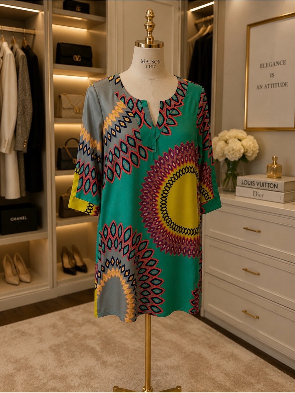 Aryeh Teal Multicolor Mandala-Print Tunic with Yellow Medallion